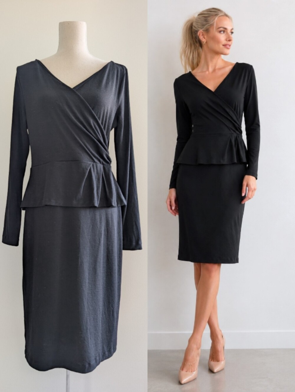 Like New Talbot Black Wool V Neck Wrap Peplum Dress LBD